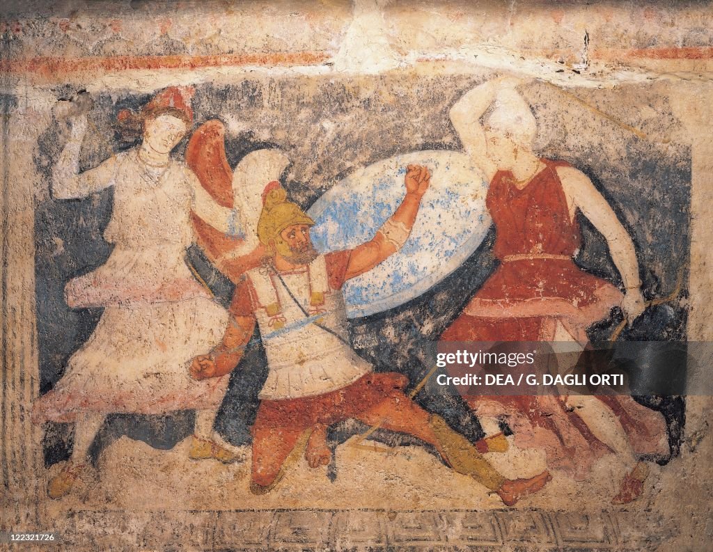 Sarcophagus of the Amazons with painted scene of a battle, white limestone, from Tarquinia, Latium region, Italy, detail
