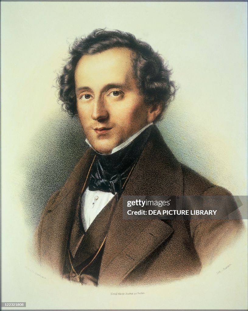 Germany, Berlin, Color lithograph after painting portrait of Felix Mendelssohn Bartholdy (1809-1847)