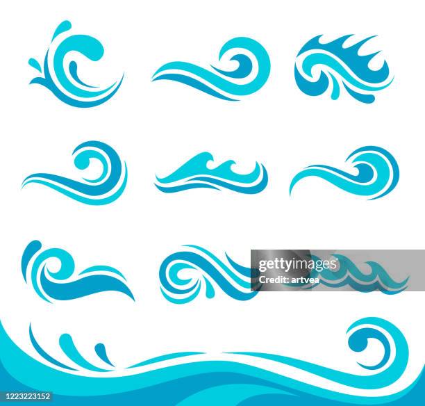 ilustraciones, imágenes clip art, dibujos animados e iconos de stock de conjunto de ondas azules - mar