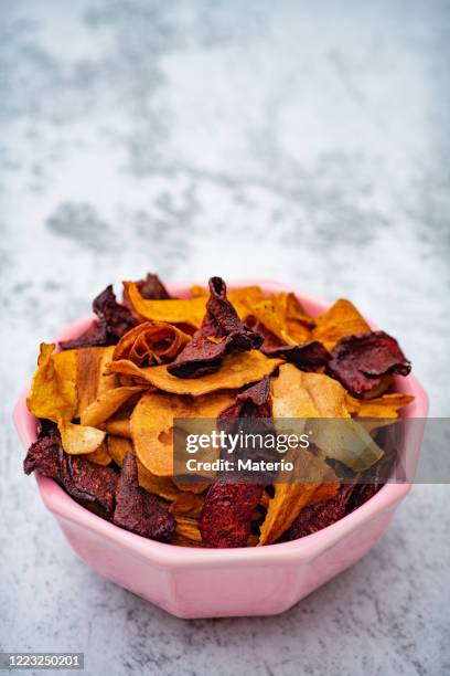 vegetable snacks - vegetable crisps stock pictures, royalty-free photos & images