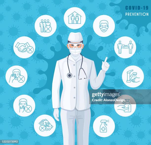 ilustraciones, imágenes clip art, dibujos animados e iconos de stock de médico masculino con covid-19 iconos de prevención de brotes establecidos. - distancia social