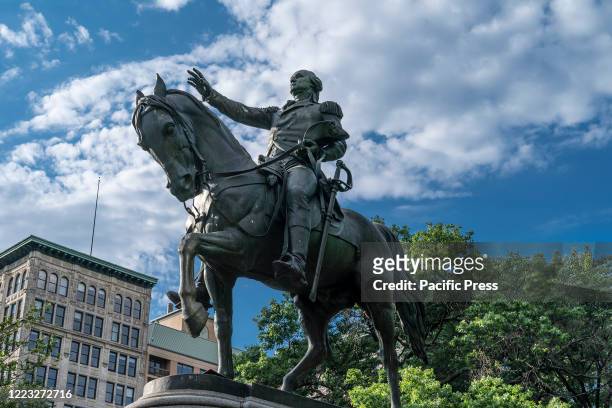 General view of statue of President George Washington on Union Square. Many statues of historic figures like George Washington, Abraham Lincoln,...