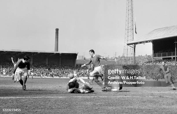 Bill Foulkes of Manchester United clears the danger during the Football League Division One match between Blackburn Rovers and Manchester United at...