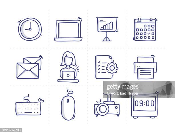 simple set of office related doodle vector line icons - days of the week drawing stock illustrations
