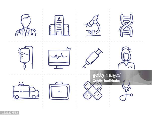 stockillustraties, clipart, cartoons en iconen met eenvoudige set van medische gerelateerde doodle vector line iconen - first aid kit