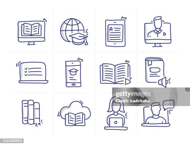 simple set of online education related doodle vector line icons - e reader stock illustrations