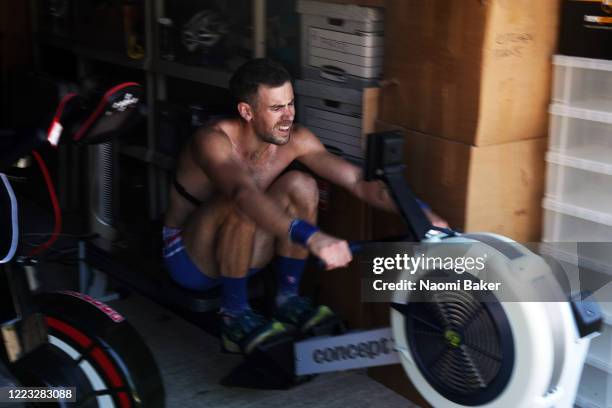 Rower Jamie Copus of the Great Britain Rowing Team trains in Isolation from his home in Oxford on May 06, 2020 in Oxford, England. The coronavirus...