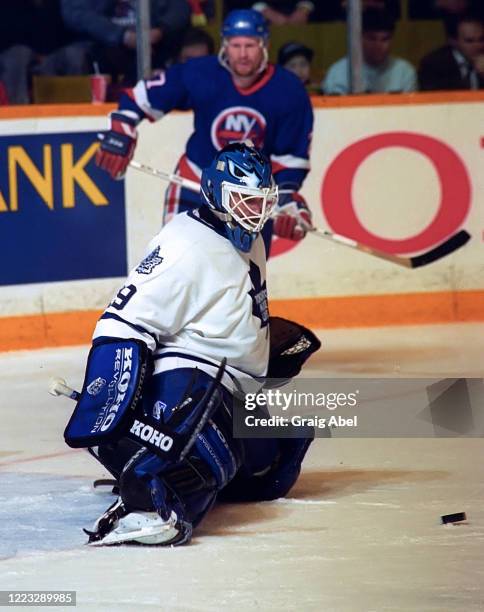 Felix Potvin of the Toronto Maple Leafs skates against the New York Islanders during NHL game action on January 26, 1994 at Maple Leaf Gardens in...