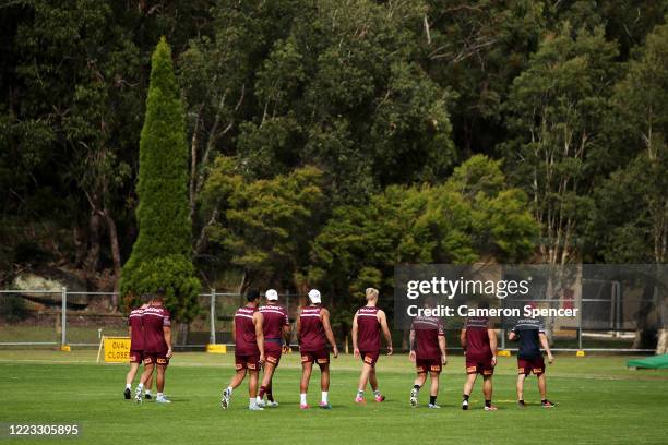 Sea Eagles players train in a small group during a Manly Sea Eagles NRL training session at the Sydney Academy of Sport on May 07, 2020 in Sydney,...