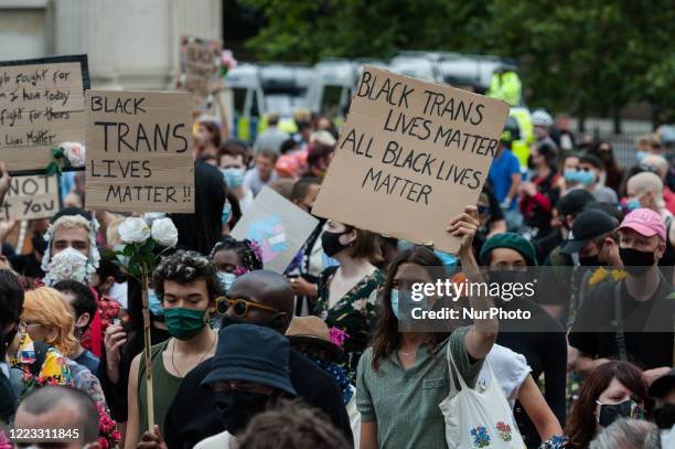 Thousands of transgender people and their supporters gather at Wellington Arch before marching through central London to Parliament Square to...