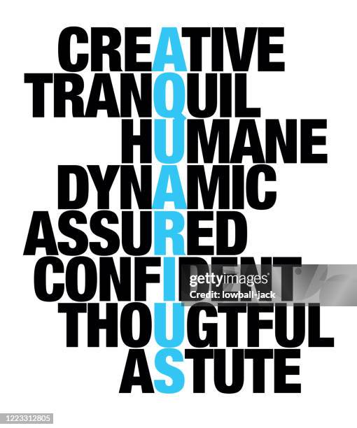 ilustraciones, imágenes clip art, dibujos animados e iconos de stock de un diseño tipográfico del zodiaco que crea la palabra acuario a partir de los rasgos de personalidad del signo - acuario signo zodíaco de aire