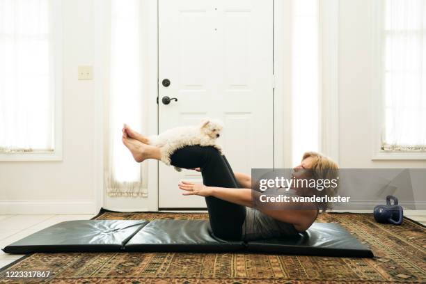 hacer crujidos en casa con un cachorro - older woman legs fotografías e imágenes de stock