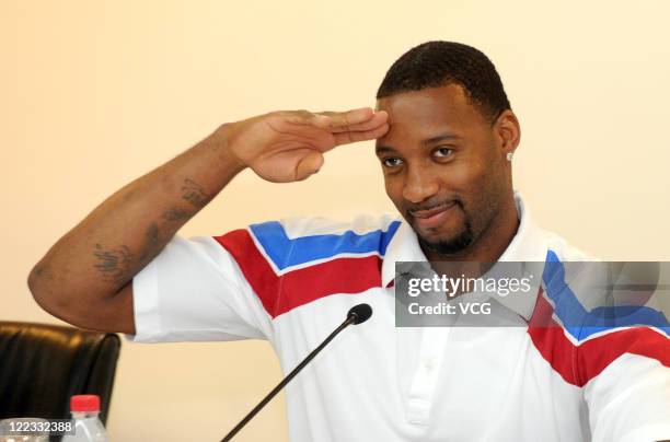 American professional basketball player Tracy McGrady of the Detroit Pistons looks on during a press conference on August 26, 2011 in Hefei, Anhui...