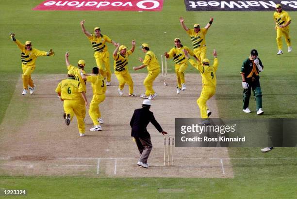 Allan Donald of South Africa is run out and Australia go through to the World Cup final after a dramatic semi-final at Edgbaston in Birmingham,...