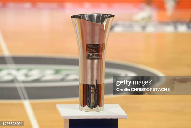 The trophy is pictured ahead the German basketball Bundesliga final second-leg match between MHP Riesen Ludwigsburg and Alba Berlin in Munich,...