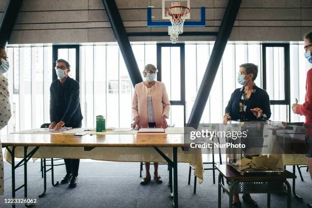 View of a Rennes polling station during the second round of municipal elections. Few voters came to the polling station to vote on the middle of the...