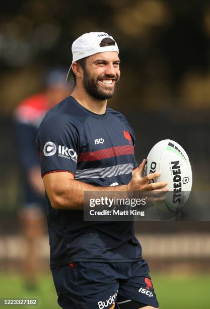 James Tedesco warms up during a Sydney Roosters NRL training session at Kippax Lake Field on May 07, 2020 in Sydney, Australia.