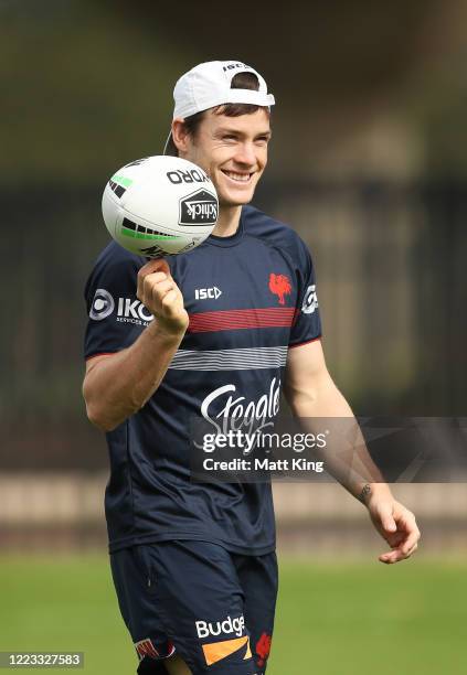 Luke Keary warms up during a Sydney Roosters NRL training session at Kippax Lake Field on May 07, 2020 in Sydney, Australia.