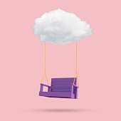 Minimal conceptual image of blue swing chair floating by the cloud on pink background. 3D rendering