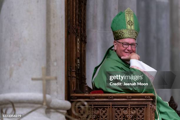 Cardinal Timothy Dolan celebrates Mass at St. Patrick's Cathedral on June 28, 2020 in New York City. St. Patrick's is celebrating its first public...