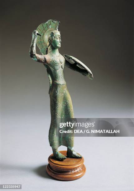 Etruscan civilization, 5th century b.C. Bronze statue depicting a fighting Minerva, circa 475-450 b.C. From Fermo.