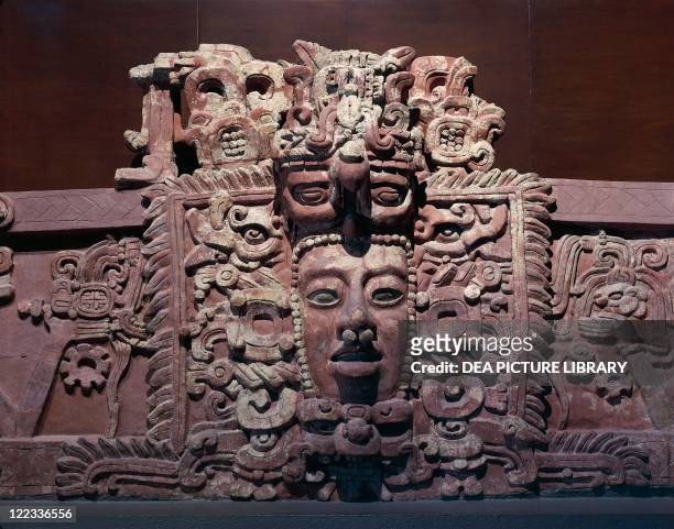 Maya civilization - Detail of a pyramid wall with stucco decoration representing the Maya sun god Kinich Ahau. From the State of Campeche, Mexico.
