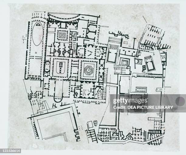 Roman Civilization - Cartography - Italy - Latium region - Rome. Map of the Palatine hill . Drawing.