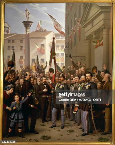 Italy - 19th century -. King Victor Emmanuel II in Vicenza, in the act of decorating the flag of June 10th 1848 with the gold medal. Painted by...