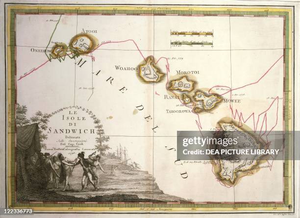 Cartography, 18th century. Map of the Sandwich Islands, Oceania, according to the discoveries of James Cook, Rome 1798.