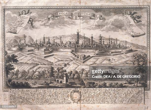 Cartography, Italy, 18th century. View of the city of Lucca.