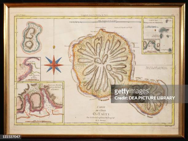 History of Explorations, 18th century. Tahiti Island. Map by Rigobert Bonne, French Navy engineer among James Cook's crew.
