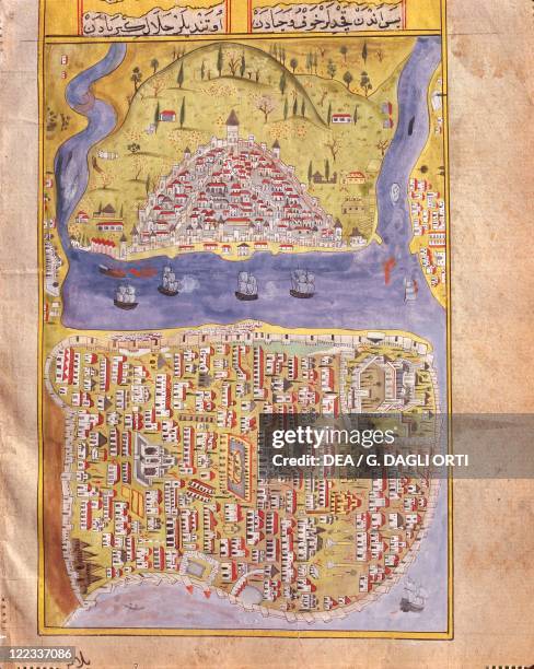 Cartography, Turkey, 16th century. View of Istanbul and Galata, from a book on Sultan Suleyman Iran-Iraq campaign in 1534-1535, by Matraki Nasuh....