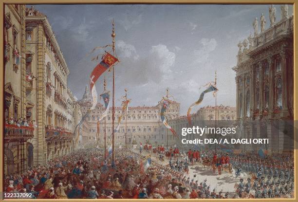 Italy - 19th century - Arrival of the Lombard-Veneto delegation in Turin to communicate the success of the Plebiscite for Italian unity, 1866....