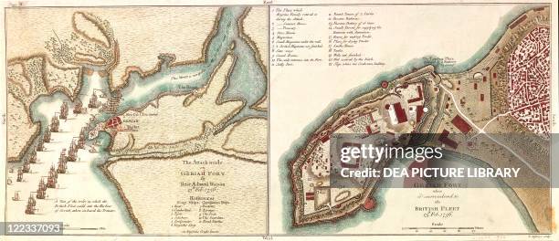 Cartography, India, 18th century. Attack on Geriah pirate fort south of Bombay by Admiral Watson, 1756.