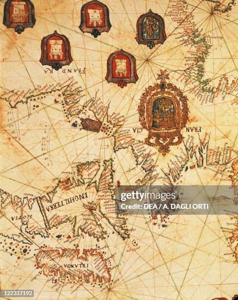 Cartography, 16th century. Map of Ireland and coasts of France, Flanders and Great Britain, from a portolan chart by Ioannes Superantius.