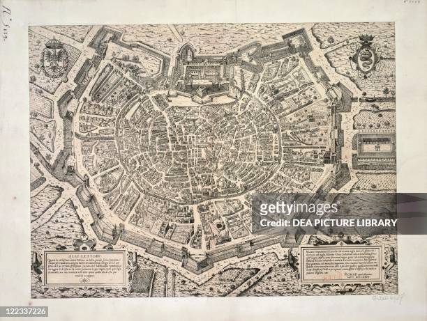 Cartography, Italy, 16th century. The Great City of Milan, created by Antonio Lafrery, 1573. Copperplate, 49.8 x 55 cm.