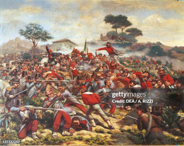 Italy - 19th century, Expedition of the Thousand - Giuseppe Garibaldi at the Battle of Calatafimi, 15 May 1860 . Painted by Remigio Legat, 1860. Oil...