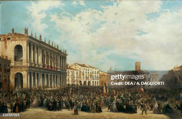 Italy - 19th century - King Victor Emmanuel II is shown to the people of Vicenza from the Civic Museum in 1869. Painted by Orsola Faccioli Licata.