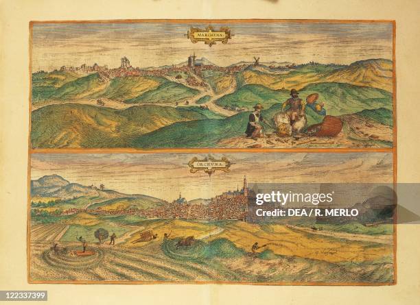 Cartography, Spain, 16th century. Map of Marchena and Osuna. From Civitates Orbis Terrarum by Georg Braun and Franz Hogenberg , Cologne. Engraving.