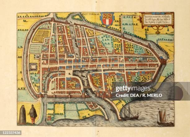 Cartography, Netherlands, 16th century. Map of Rotterdam. From Civitates Orbis Terrarum by Georg Braun and Franz Hogenberg , Cologne. Engraving.