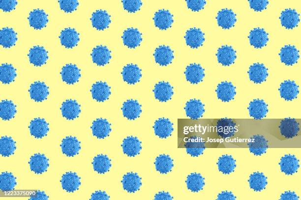 coronavirus illustration in a row. colored pattern loopable background. blue and yellow 3d rendering covid-19 - corona virus 3d stock pictures, royalty-free photos & images