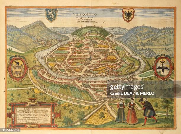 Cartography, France, 16th century. Map of Besancon. From Civitates Orbis Terrarum by Georg Braun and Franz Hogenberg , Cologne. Engraving.