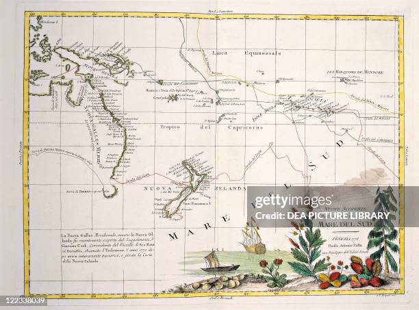 Cartography, 18th century. Map of the South Seas by Antonio Zatta according to the discoveries of James Cook, Venice 1776.