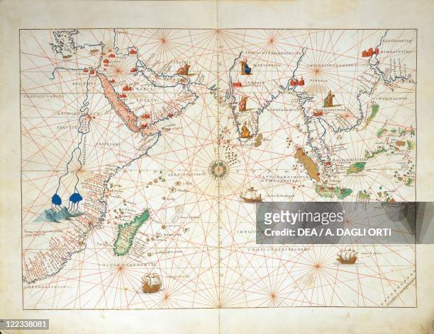 Cartography, 16th century. The Indian Ocean and part of Asia and Africa, from Atlas of the World in thirty-three Maps, by Battista Agnese, 1553.