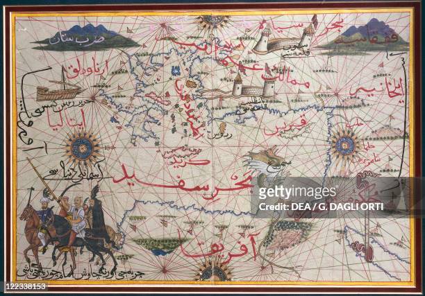 Cartography, late 16th century. The Maghreb and the Middle East. Ottoman miniature.