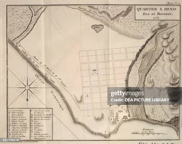 Cartography, 18th century. Saint Denis quarter in Bourbon Island , Africa, 1762. Extract from the accounts of the journeys of French astronomer...