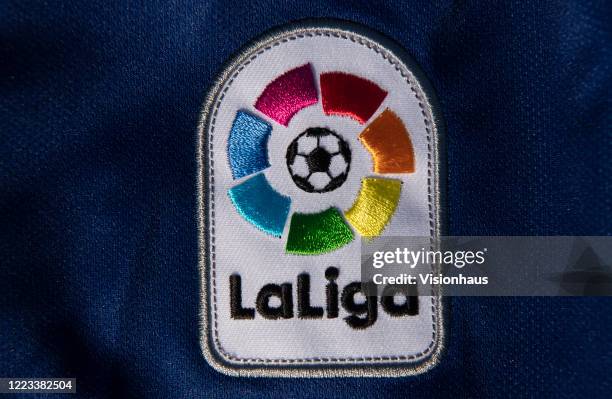La Liga artwork and logo on the Nike Barcelona 2019-20 home shirt on May 4, 2020 in Warwickshire, UK.