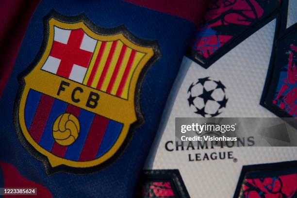 Barcelona Club crest on the Nike 2019-20 home shirt and UEFA Champions League logo and artwork on the adidas "Istanbul '20 replica football on May 4,...