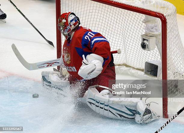 Evgeni Nabokov of Russia is seen in action as Canada claim a 7-3 victory over Russia during Men's Playoffs Quarterfinals - Game 24 at Canada Hockey...