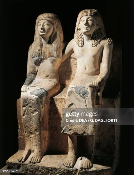 Egypt, Deir el-Medina, Statuary group representing Pharaoh Ramesses II and his wife Nefertari .